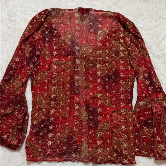 Y2K Limited Too Sheer Red Paisley Flare Sleeve Blouse - Picture 6 of 6